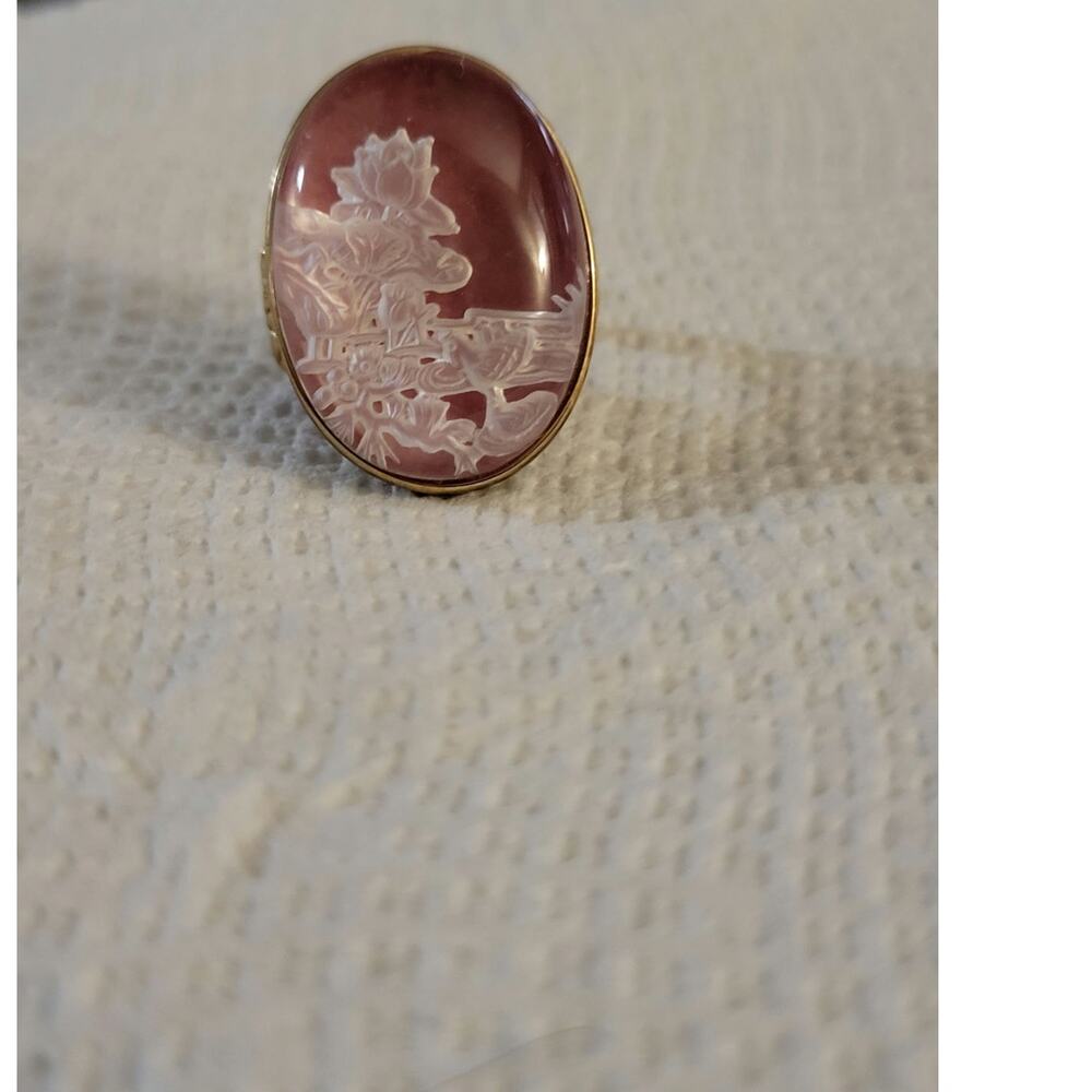 Colleen Lopez Ring Bronze 7.5 Lotus Flower Intaglio Oval Cab